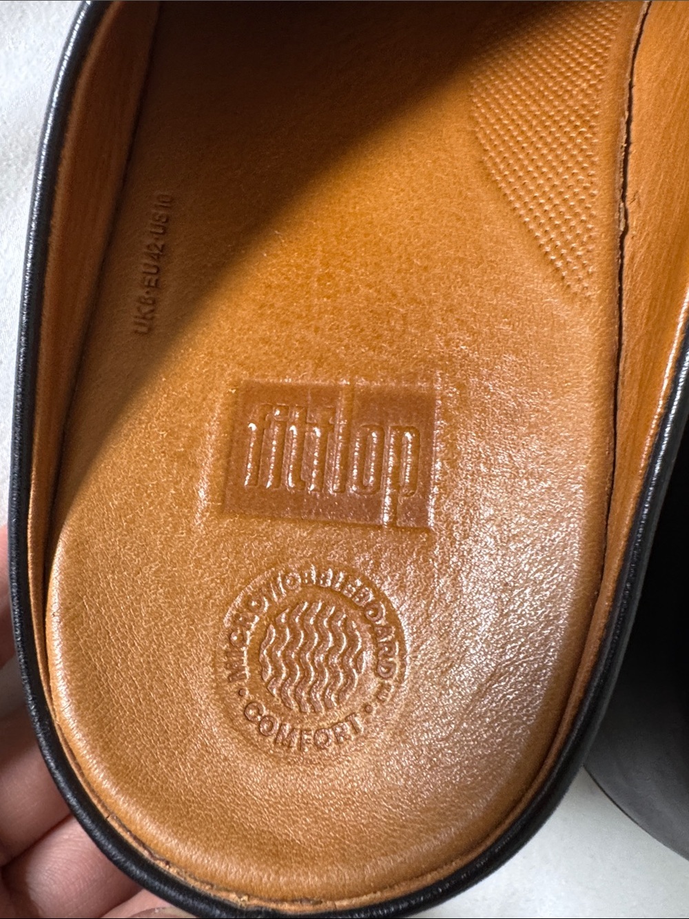 Fitflop Shuv Women’s Black Leather Slip-On Clogs with Tan Insole Sz 10 - Picture 2 of 7